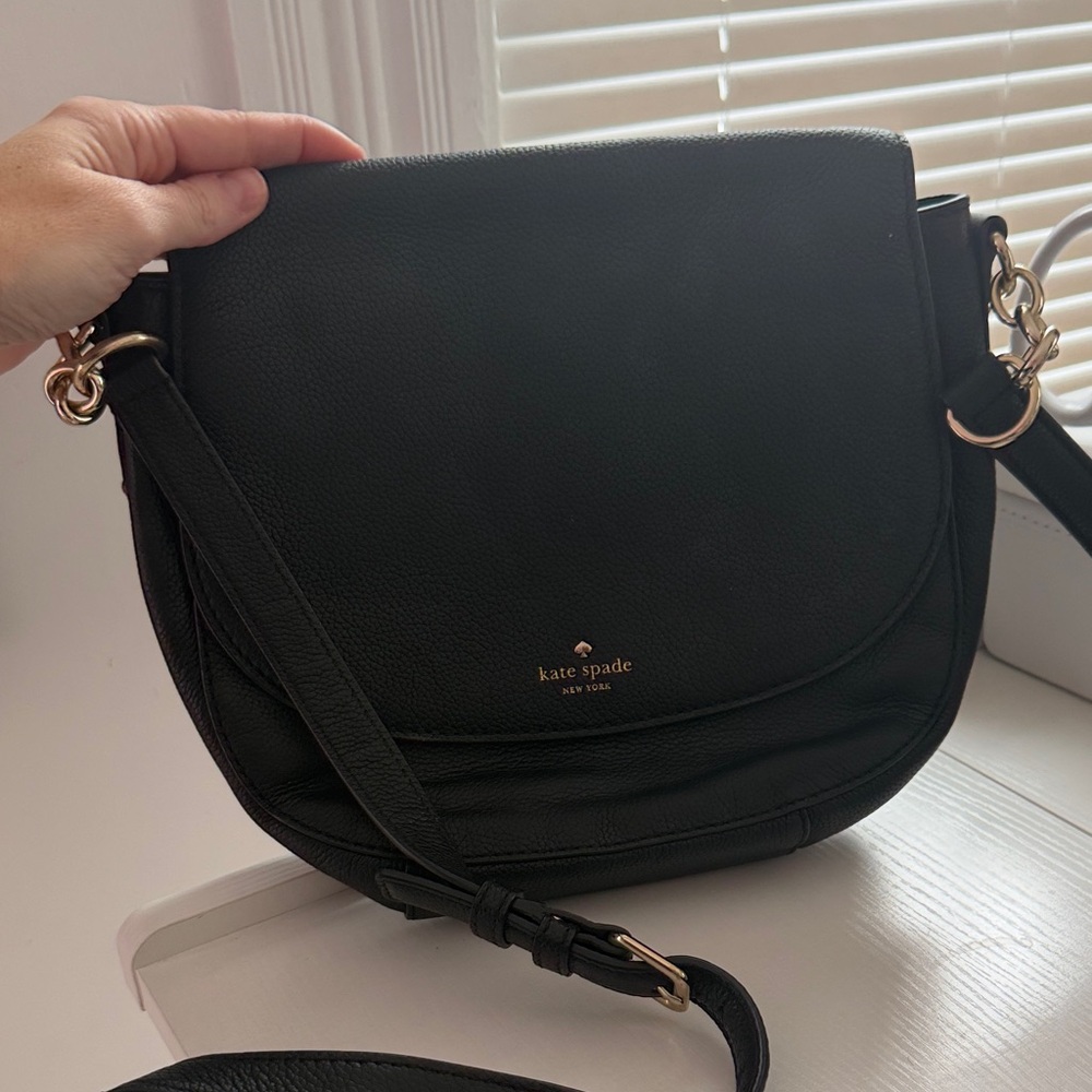 kate spade Black Leather Crossbody Saddle Bag with Gold Hardware